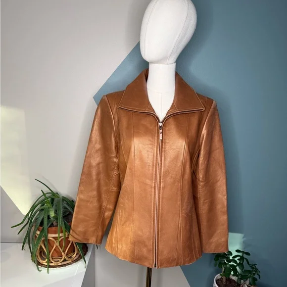 Jones New York Cognac Leather Jacket M Fitted Y2K Zip Tailored Caramel Blazer - Picture 3 of 14